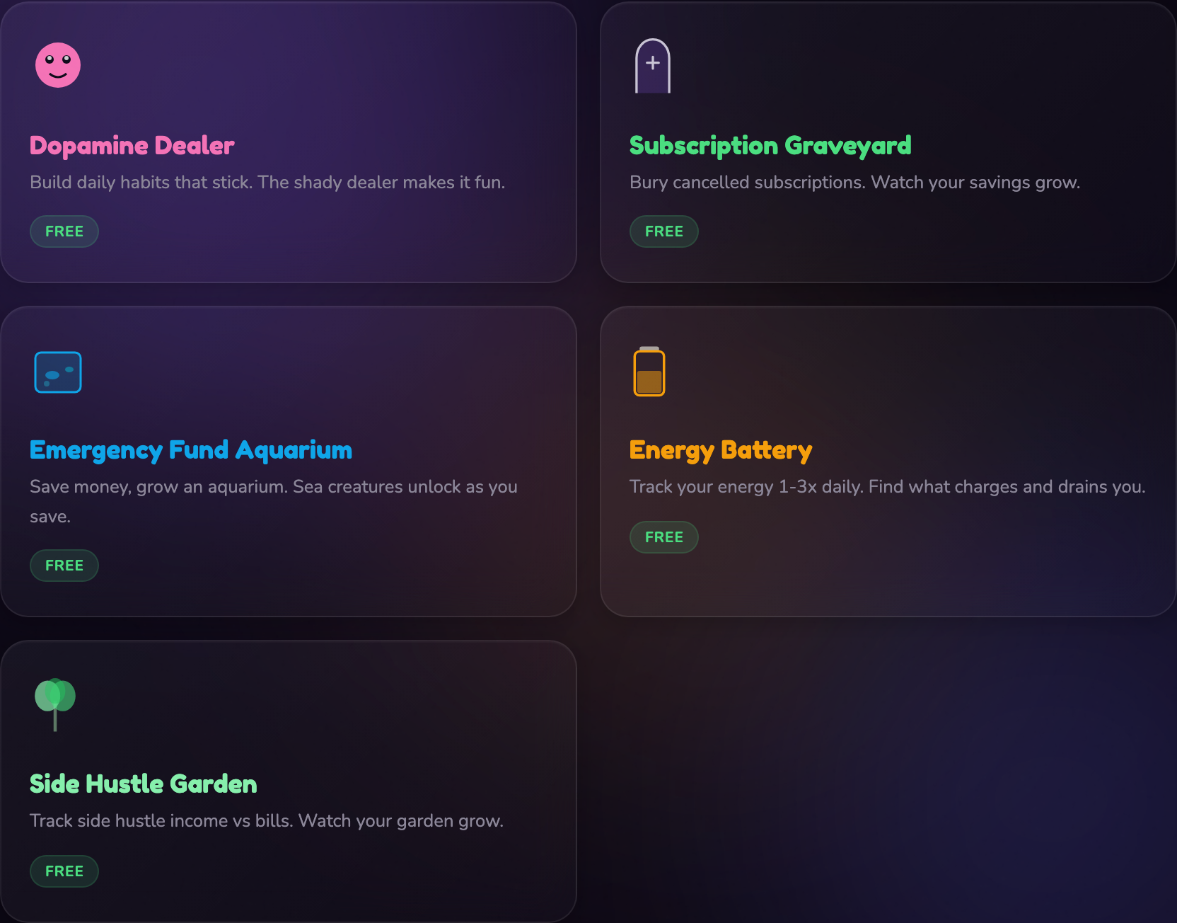 The five app cards in the hub, each with an icon, a one-line description, and a Free badge.