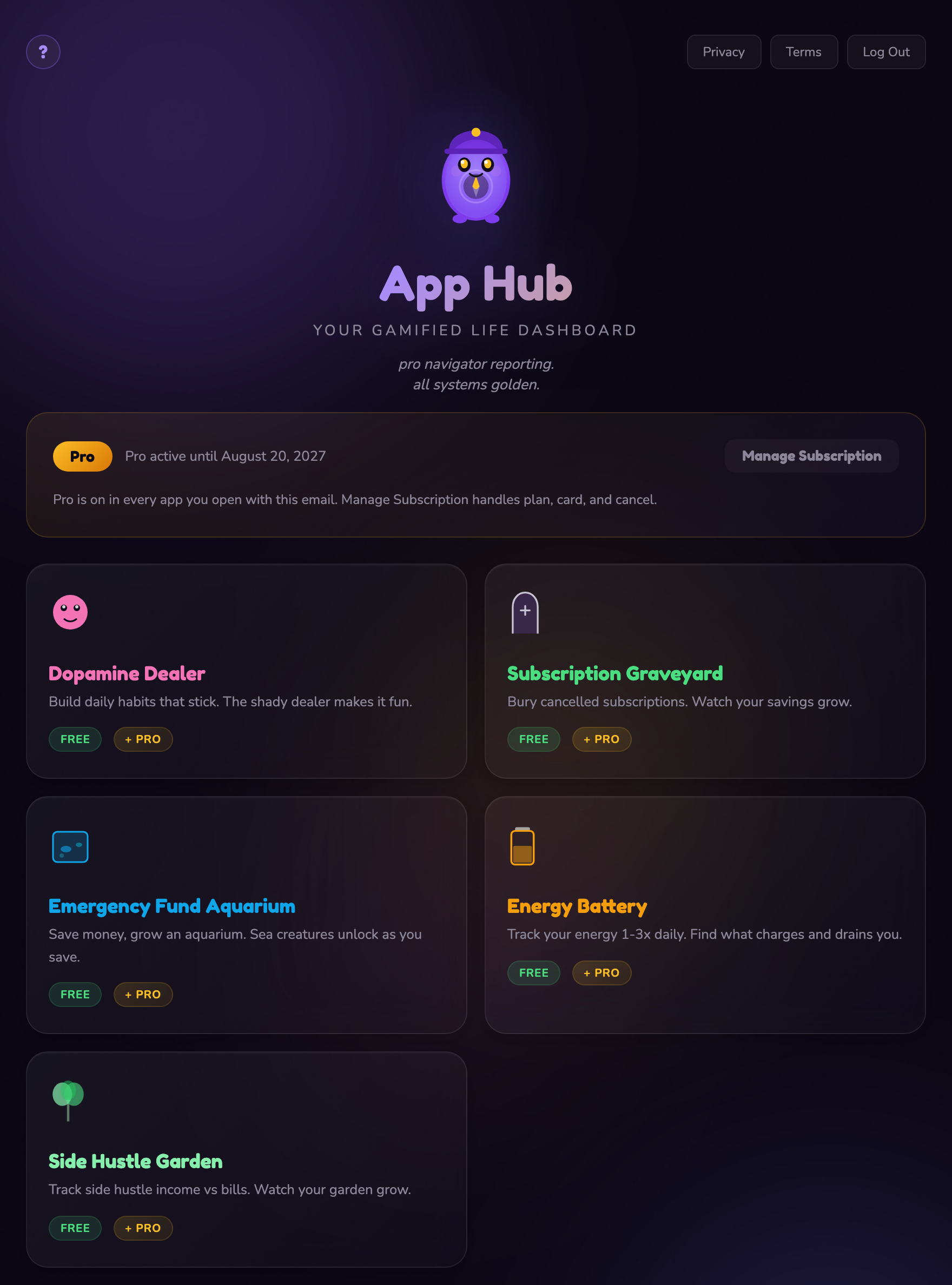 The hub dashboard on a Pro account: the plan badge reads Pro with an end date, a Manage Subscription button, and every app card carries a gold + Pro badge. Pixel's eyes are gold.