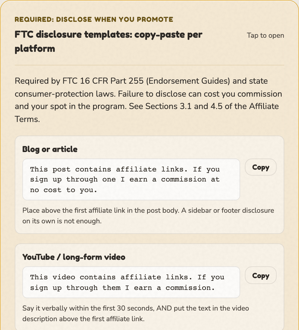 The FTC disclosure templates panel, open, showing per-platform copy-paste disclosure lines with copy buttons and notes about each platform.